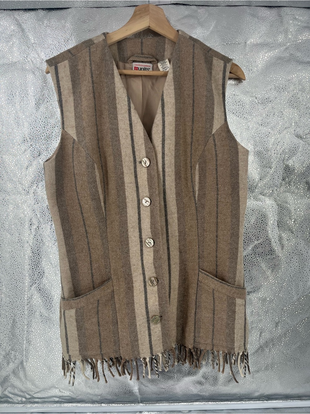 Vintage 80s Units Made USA Wood blend Striped Fringe Vest Western Southwestern S